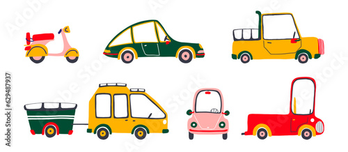 Bundle of cute cars. Toys set with targa, van, motorbike, jeep, minivan. Hand drawn vector illustration for kids textile design, sticker, t-shirt, poster. .