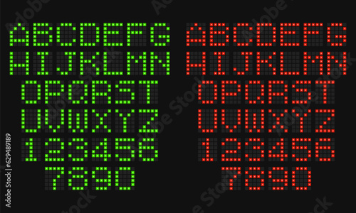 LCD letters and numbers for a electronic devices. Digital glowing figures. Electronic scoreboard. Vector illustration.