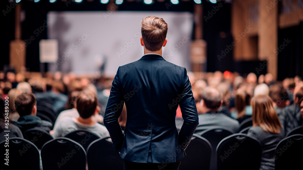 The speaker stands in front of the audience in the hall. Generative AI