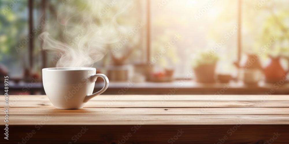 Cozy autumn winter banner template, steaming coffee tea cup, blurred background Cozy autumn winter banner template, steaming coffee tea cup, blurred background