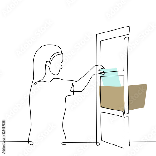 woman stands and takes out a sheet of paper from a craft box standing on a shelf - one line drawing vector. the concept archival documents, office work