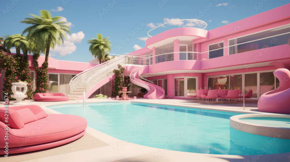 Pink luxury house with pool for a doll. A house for a blonde