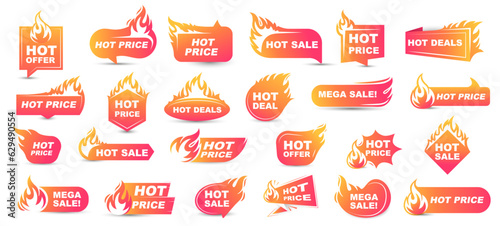 Hot price deal promotion labels with flames. Vector illustration. Shop sale or discount promotion vector banner