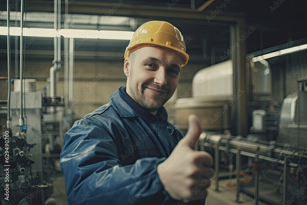 Portrait of cheerful happy smiling Caucasian worker, engineer in yellow helmet and in safety workwear showing thumbs up over factory background. Succesfull sign. Generated Ai Portrait of cheerful happy smiling Caucasian worker, engineer in yellow helmet and in safety workwear showing thumbs up over factory background. Succesfull sign. Generated Ai