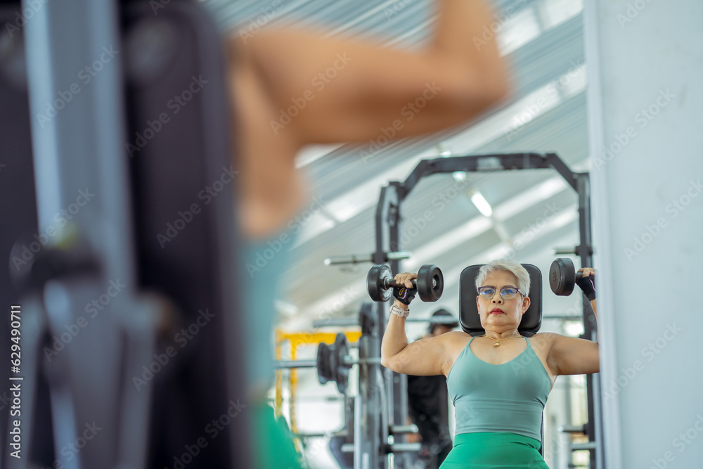 Senior woman doing exercises in the gym to stay healthy, trains muscles. Senior woman doing exercises in the gym to stay healthy, trains muscles.