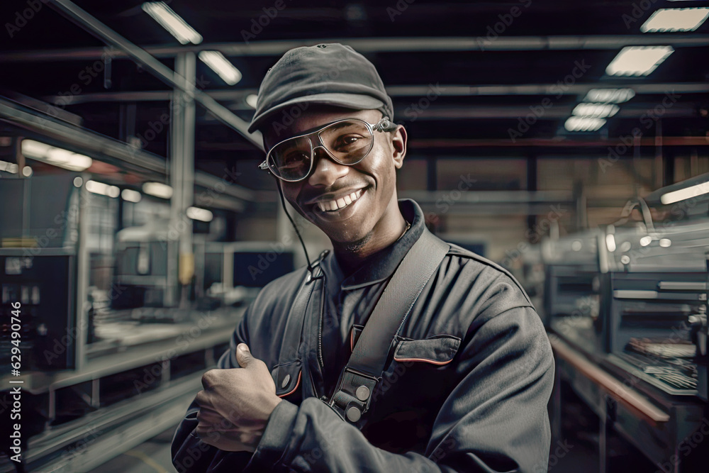 Portrait of cheerful happy smiling Black American worker, engineer in hat and in safety workwear showing thumbs up over factory background. Succesfull sign. Generated Ai