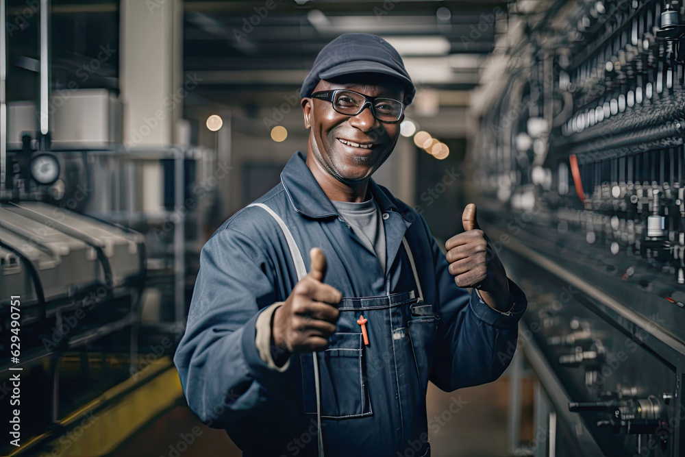 Portrait of cheerful happy smiling Black American worker, engineer in hat and in safety workwear showing thumbs up over factory background. Succesfull sign. Generated Ai Portrait of cheerful happy smiling Black American worker, engineer in hat and in safety workwear showing thumbs up over factory background. Succesfull sign. Generated Ai