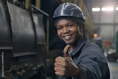 ortrait of cheerful happy smiling Black American worker, engineer in black helmet and in safety workwear showing thumbs up over factory background. Succesfull sign. Generated Ai photo