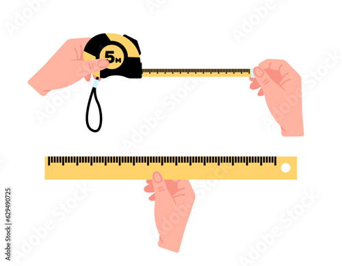 Hands holding measuring tool. Reel ruler and tape measure. Length measurement. Size meter. Centimeter or inch scale. Construction equipment. Building instrument in arms. Vector concept