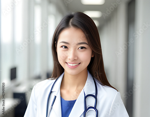 Asian female doctor with stethoscope on her neck looking at camera, Generative AI
