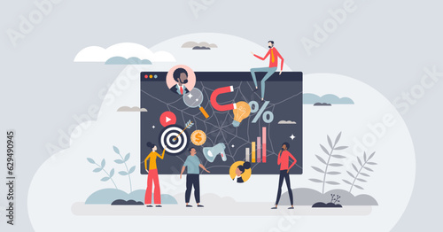 Web marketing and internet advertising using SEO tools tiny person concept. Website management and business strategy using ads, banners, promotion campaigns and CRM software vector illustration.