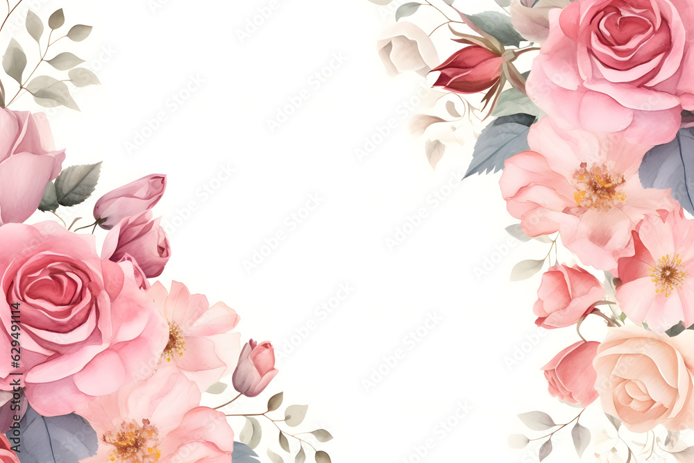 Beautiful rose flowers frame on white background. Watercolor illustration background, Generative AI