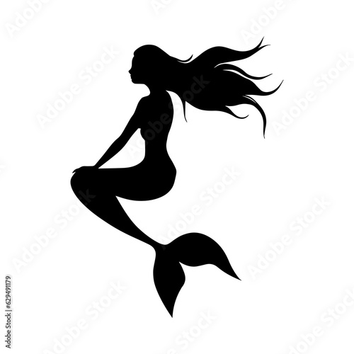 Vector illustration. Mermaid princess woman silhouette. Girls with fins underwater. Fish.