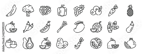 Foto set of 24 outline web fruits and vegetables icons such as banana, broccoli, stra