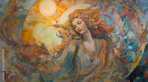 An painting on canvas with a palette of nature inspired colors to capture the magnanimity and nurturing aura of an angel with radiant and shimmering with life and diversity