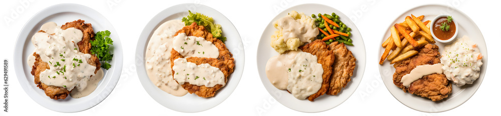 Chicken fried steak on white plate, top view with transparent background, Generative AI Technology Chicken fried steak on white plate, top view with transparent background, Generative AI Technology