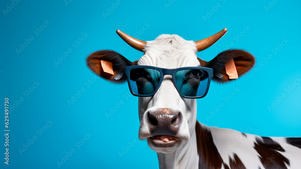 portrait of a cow with sunglasses. Generative AI