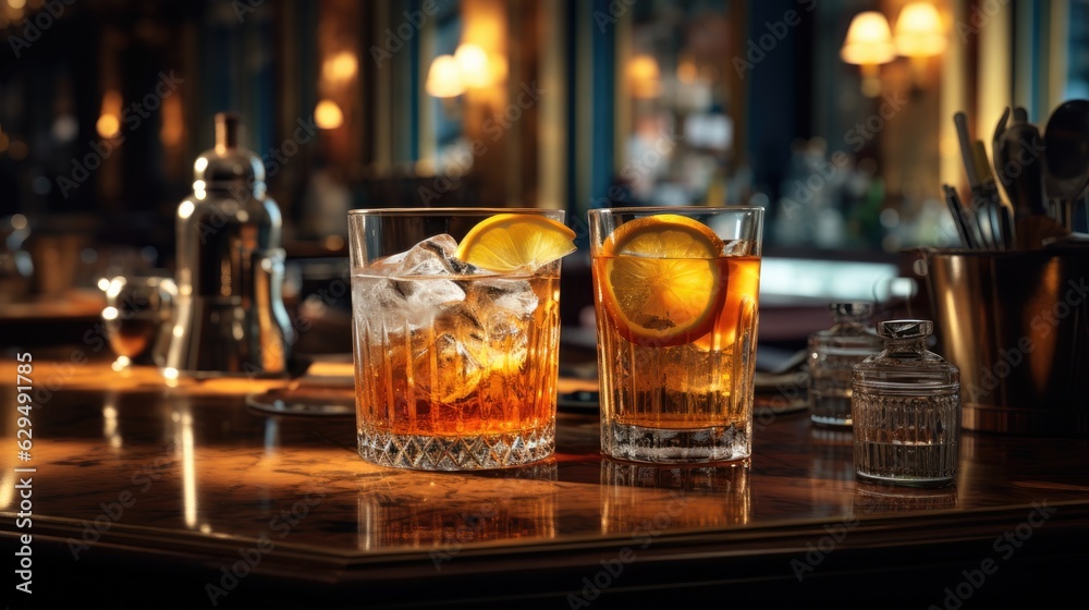 Bar cocktails Old fashioned negroni with orange on counter.Cocktail close up in a bar setting. Blurred people in the background. Selective focus on the icy drink and glass.