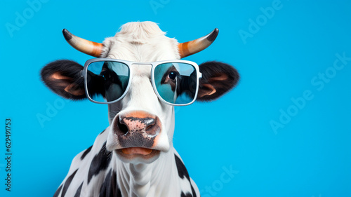 Foto portrait of a cow with sunglasses. Generative AI