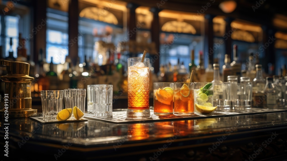 Bar cocktails Old fashioned negroni with orange on counter.Cocktail close up in a bar setting. Blurred people in the background. Selective focus on the icy drink and glass.