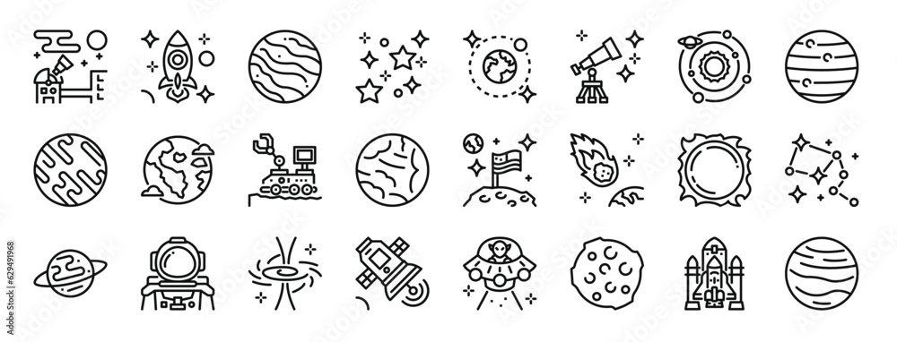 set of 24 outline web space icons such as observatory, rocket, mars ...