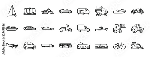 Obraz na płótnie set of 24 outline web vehicles transportation icons such as sail boat, oil truck