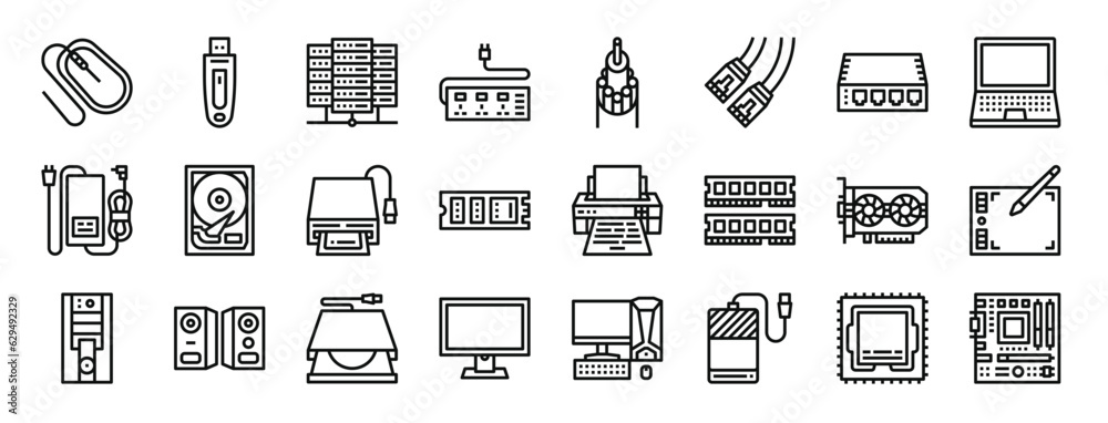 set of 24 outline web computer hardware icons such as mouse, flash ...