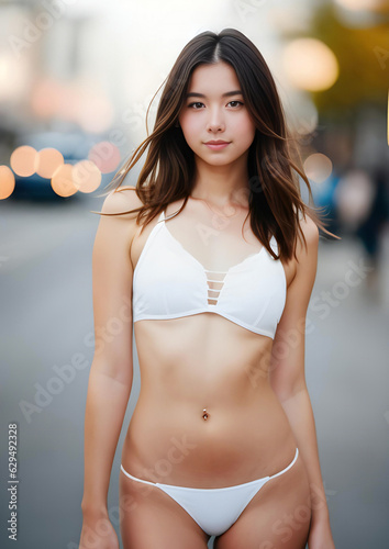 Portrait of a beautiful young asian woman in white bikini on the street, Generative AI
