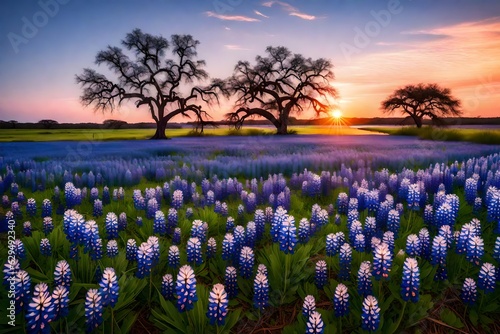 Beautiful Texas spring sunset over a lake. Blooming bluebonnet wildflower field and a lonely tree silhouette