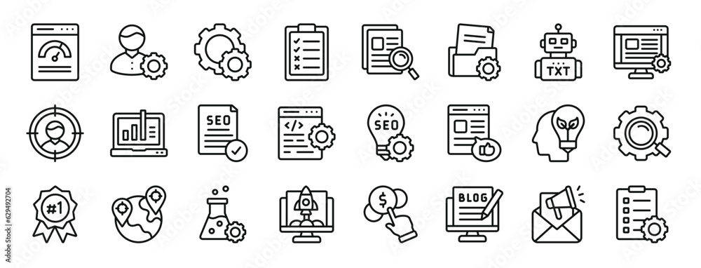 set of 24 outline web seo and website icons such as performance, user, tings, checklist, search, folder management, robot vector icons for report, presentation, diagram, web design, mobile app - obrazy, fototapety, plakaty 
