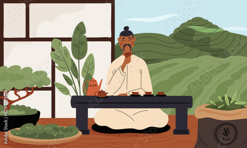 Tea ceremony process. Asian man with hot beverage cup. Nature backdrop. Different varieties dried leaves in bags. Chinese traditional drink. Plantation landscape. Garish vector concept