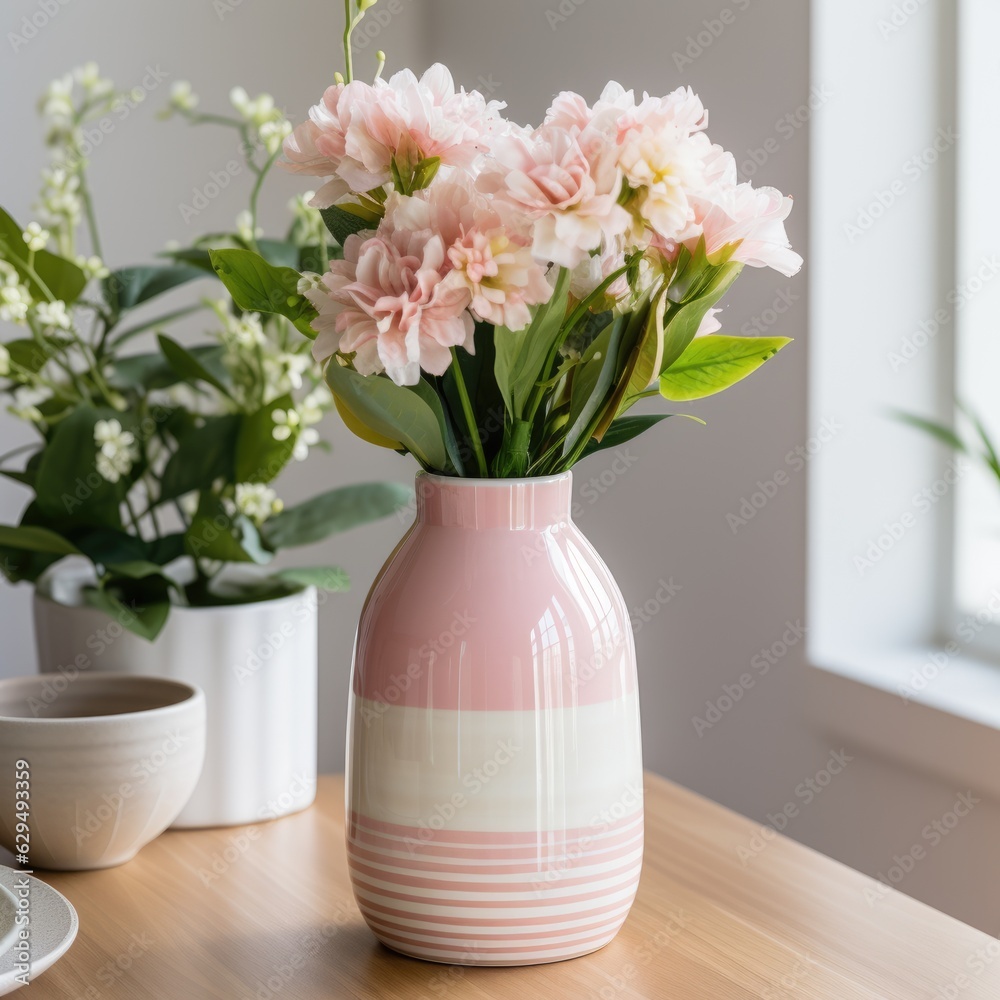 Modern vase, home decor, spring flowers table in bright light room interior, Scandinavian home style