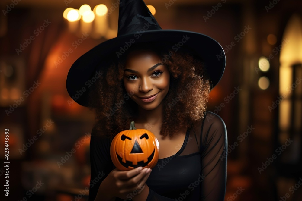 African girl dressed in Halloween costume with pumpkins made with generative ai technology
African girl dressed in Halloween costume with pumpkins made with generative ai technology