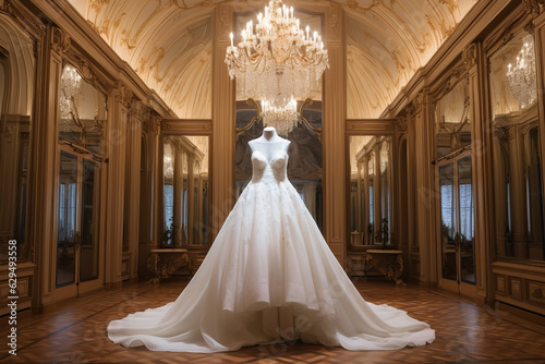 The dream wedding dress with a full skirt in the room on luxury wedding salon.Generative Ai