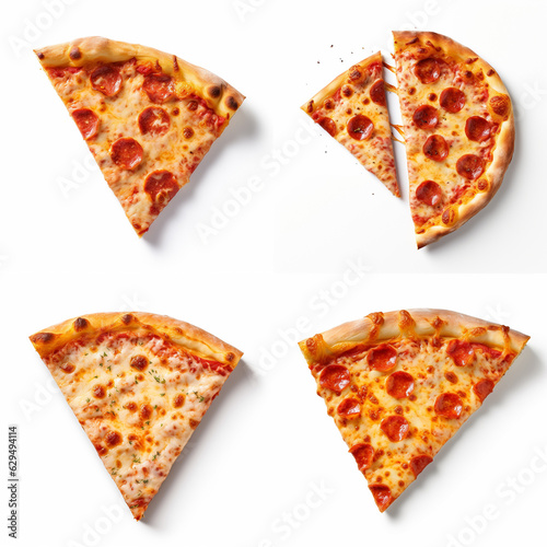 Photo of slices of delicious pizza with leaves, mushrooms and salami on a white background