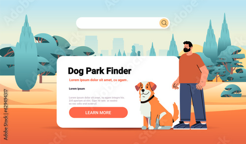 guy owner with cute dog using park finder app best friends domestic animal friendship concept landscape background
