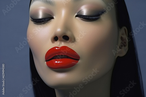 Close up of a female mannequin's face with red lips, Generative AI