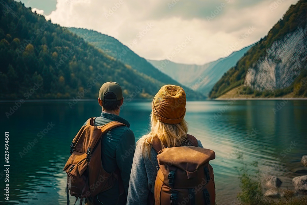 Fototapeta premium Back side of couple on the rock with hiking backpacks looking to beautiful landscape of epic view of mountains and lake. Generated Ai