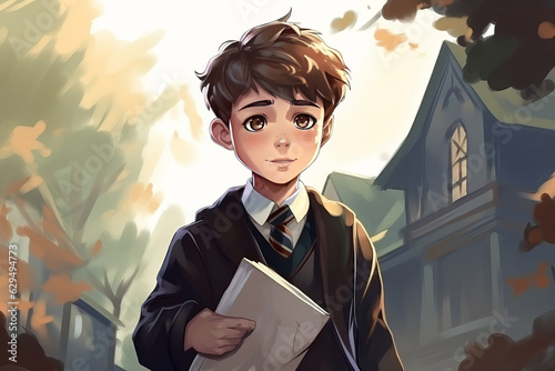 Semirealistic illustration cover, of the main child boy character going to school and studying, wearing a uniform. Created with AI photo