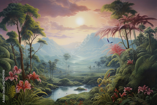 Tropical botanical landscape in vintage style, illustration with palm tree, exotic floral , green jungle .Generative ai
