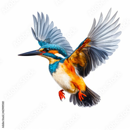 Colorful bird flying through the air with it's wings spread out.