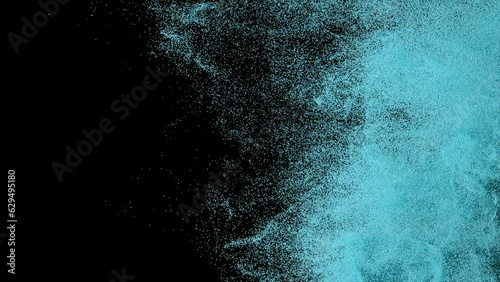 Colored powder scatters on a black isolated background. Sand. Spray. Blue color. Slow motion. 3d animation.