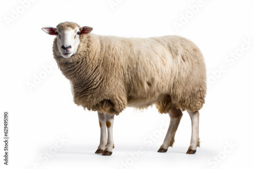 Sheep standing on white background with sad look on its face.
