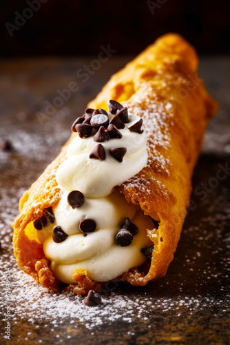 Pastry with chocolate chips on top of it and cream on top of it.