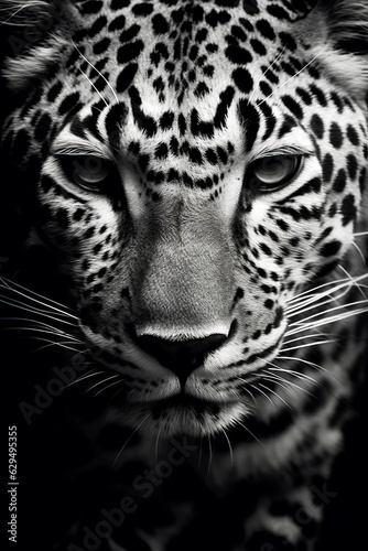 Black and white photo of leopard s face with black background.