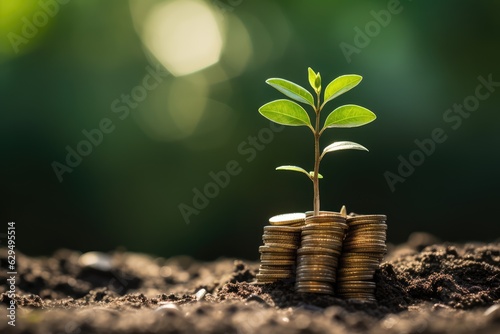 Stack of coins with a small sapling growing on top - Sustainable investing and green finance concept - AI Generated photo