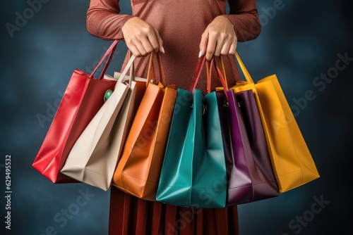 Woman hand with multicolored different size shopping bags: consumerism, shopping and sales concept - AI Generated