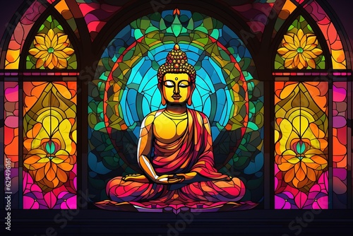 Illustration in stained glass style with buddha statue on colorful background.Generative Ai