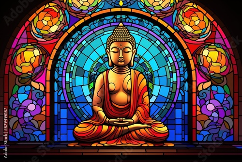 Illustration in stained glass style with buddha statue on colorful background.Generative Ai