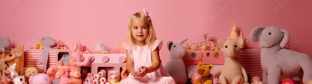 Child girl playing in colorful pink studio, ai generated Child girl playing in colorful pink studio, ai generated